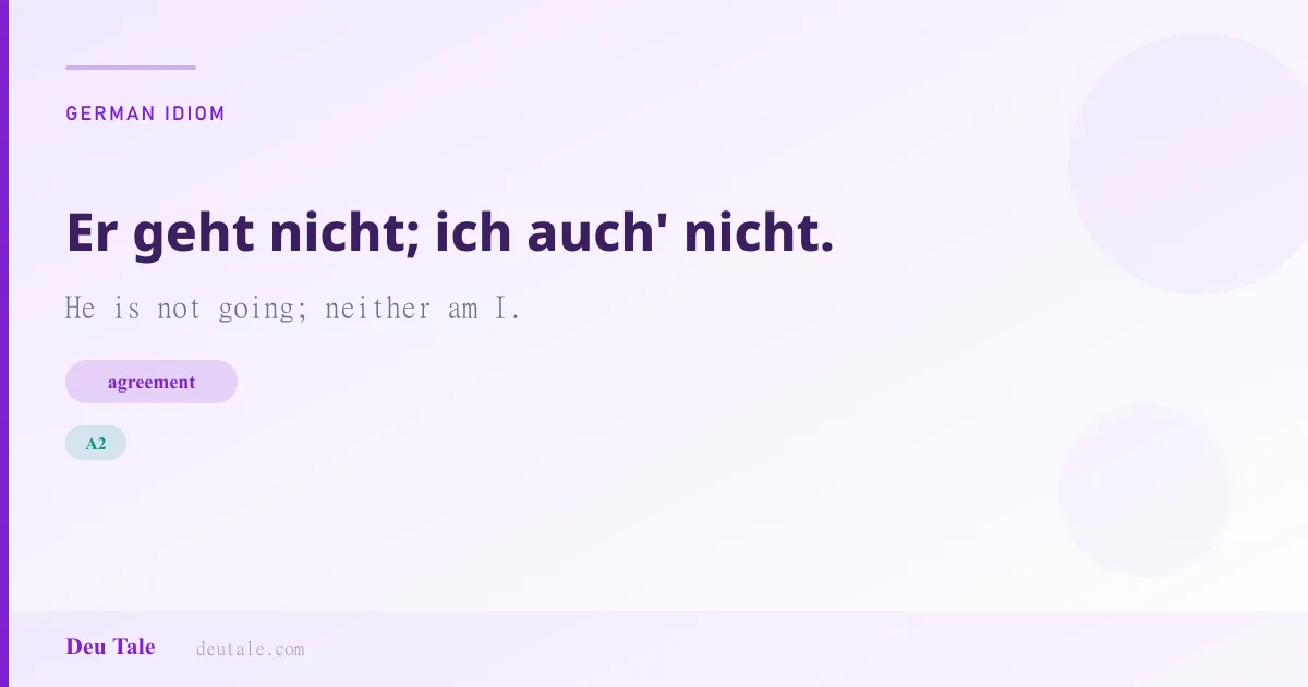 Er geht nicht; ich auch' nicht. — German idiom meaning: He is not going; neither am I. (A2)